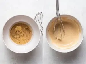 collage of mixing dressing for harvest quinoa bowl