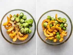 collage of tossing squash and brussels sprouts in a mixing bowl