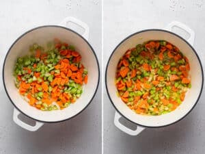 collage of a pot with cooked carrots, celery and onions