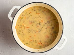 pot of creamy mushroom and wild rice soup