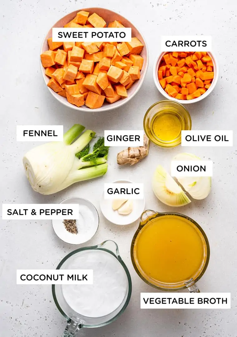 ingredients for soup with sweet potato, carrots, vegetable broth and fennel