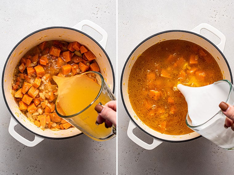 collage of pot cooking sweet potato soup