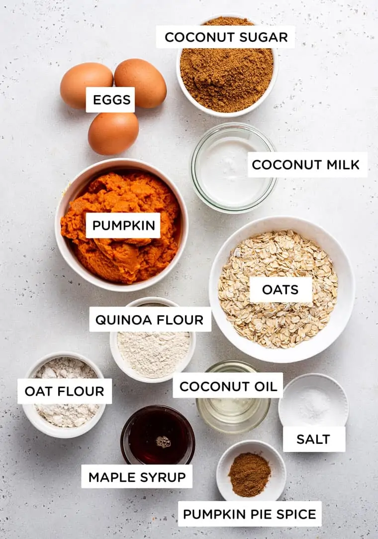 ingredients for pumpkin crisp with oats, coconut milk, sugar and eggs