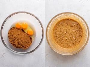Side by side images showing how to mix the pumpkin filling for the crisp.