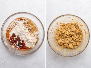 Side by side images showing how to mix the oats, sugar, and spices for the crisp topping.
