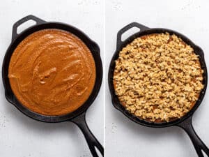 Side by side images showing the crumble topping being added to pumpkin crisp filling in a cast-iron skillet.