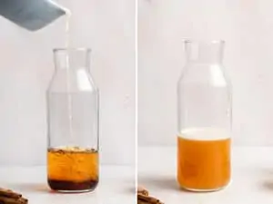 pouring bourbon cocktail into a carafe