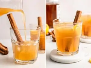 pouring bourbon cocktail into a glass with cinnamon stick