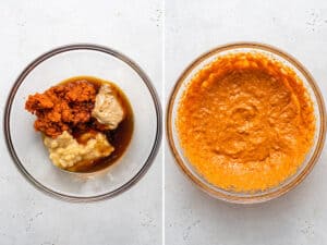 collage of mixing pumpkin and nut butter for cookies