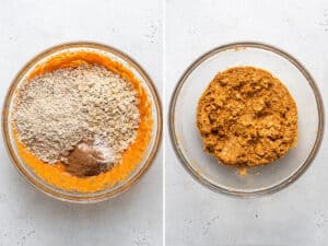 collage of mixing the cookie dough with pumpkin and oats
