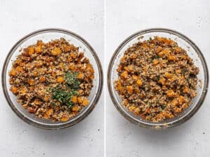 collage of mixing herbs into quinoa stuffing