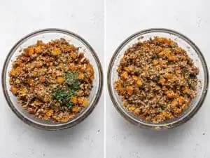 collage of mixing herbs into quinoa stuffing