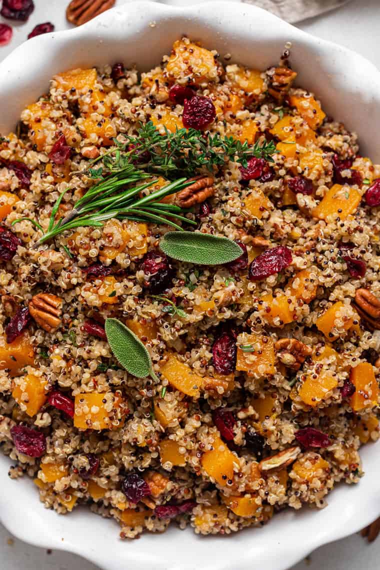 close up on quinoa stuffing with sage and pecans