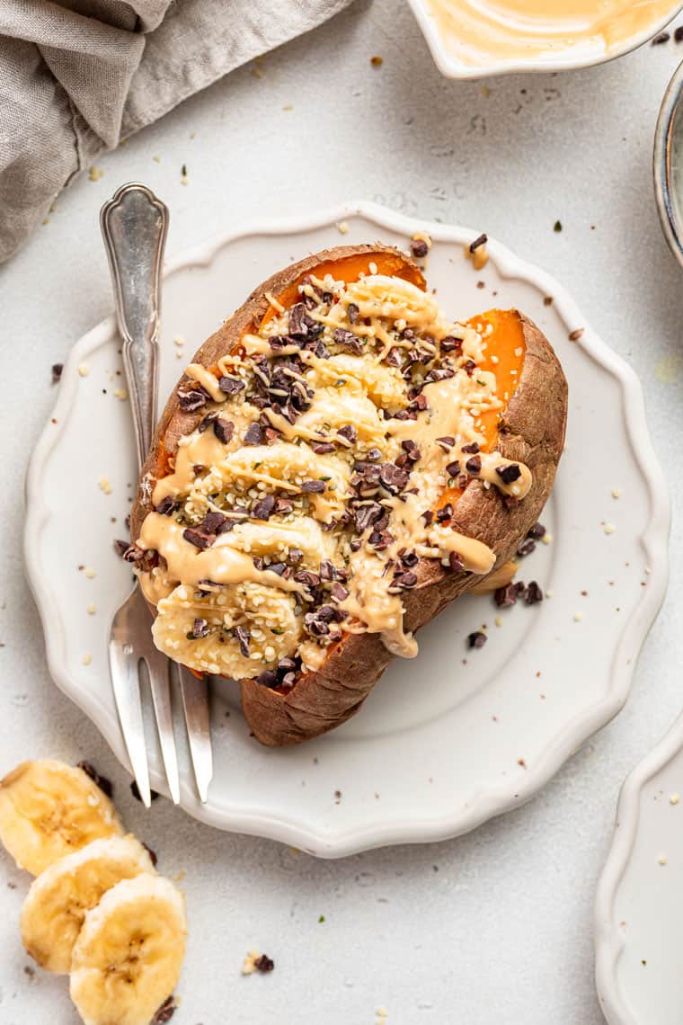 breakfast sweet potato with peanut butter and banana