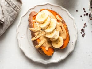 sweet potato with peanut butter and banana on top