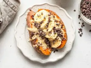 sweet potato with peanut butter banana cacao and hemp on top