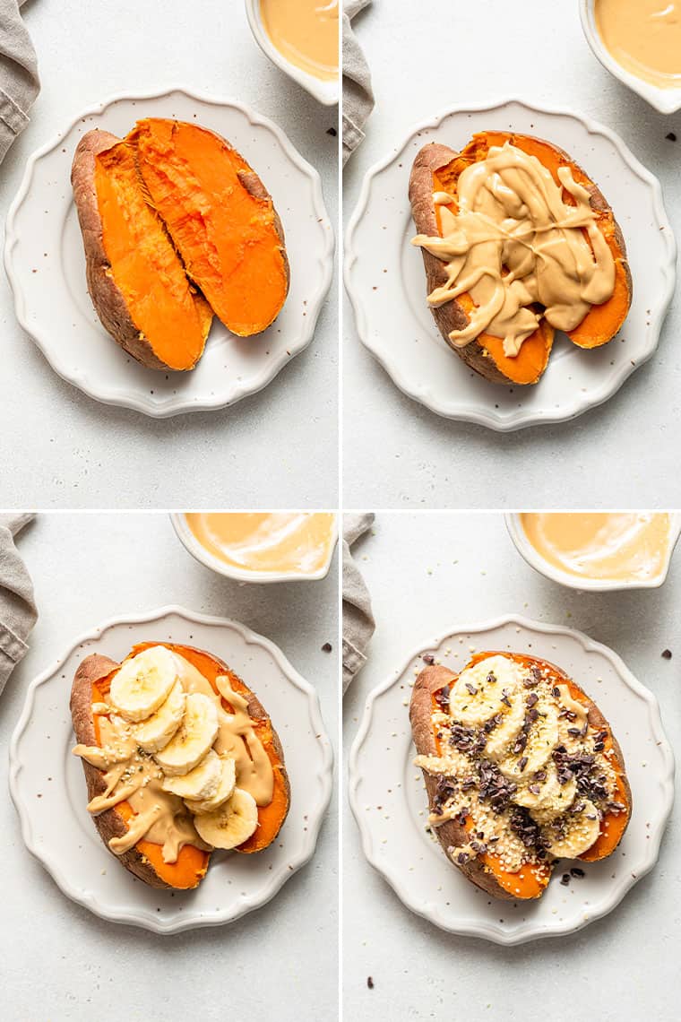 collage of filling a baked sweet potato for breakfast