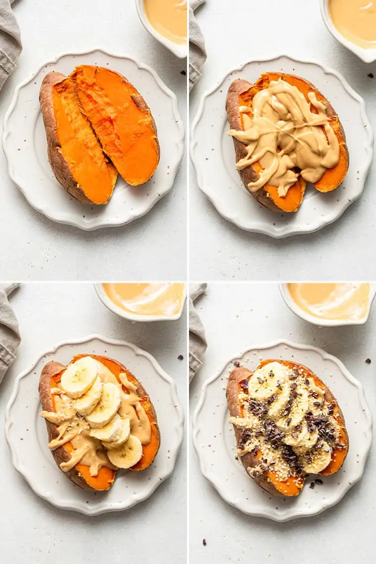 collage of filling a baked sweet potato for breakfast
