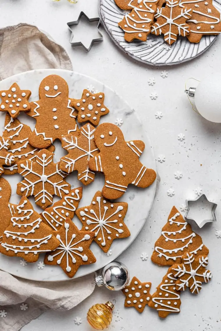 plate of gingerbread cookies with dairy free icing