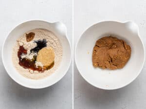 collage of mixing bowl with ingredients for vegan gingerbread cookies