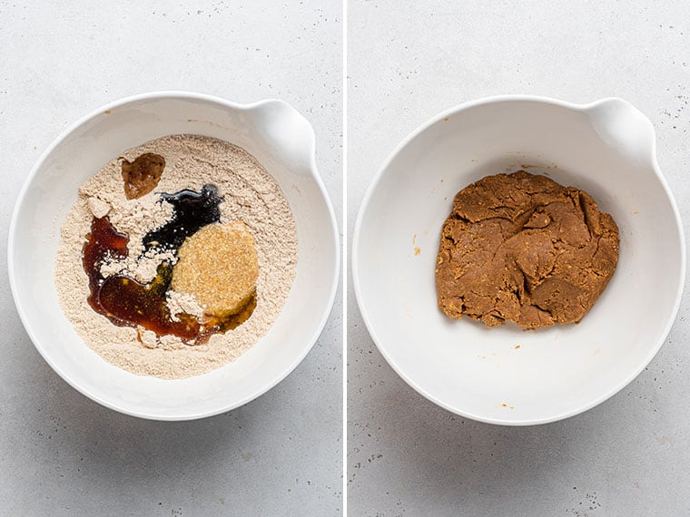 How to make vegan gingerbread cookies for the holidays! Bonus: they’re also gluten-free, which means you’ll have a treat everyone can enjoy. collage of mixing bowl with ingredients for vegan gingerbread cookies