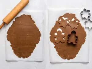 cutting gluten-free gingerbread cookie dough into men and stars