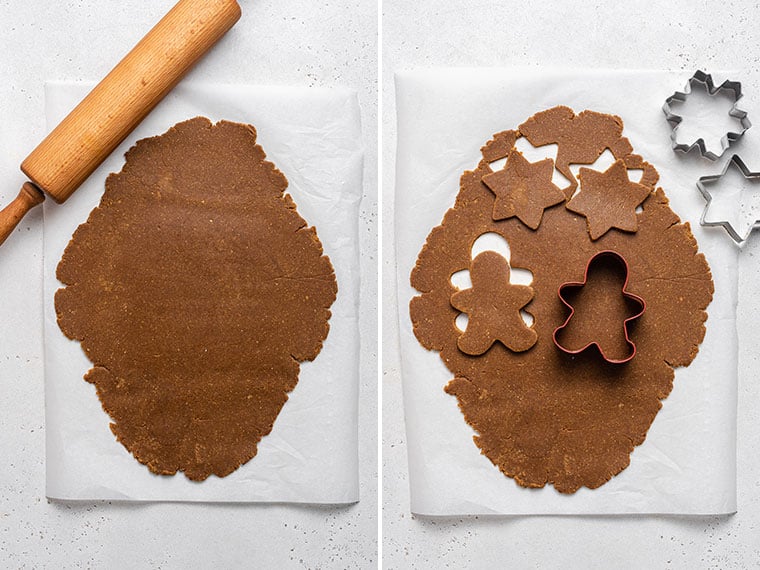 How to make vegan gingerbread cookies for the holidays! Bonus: they’re also gluten-free, which means you’ll have a treat everyone can enjoy. cutting gluten-free gingerbread cookie dough into men and stars