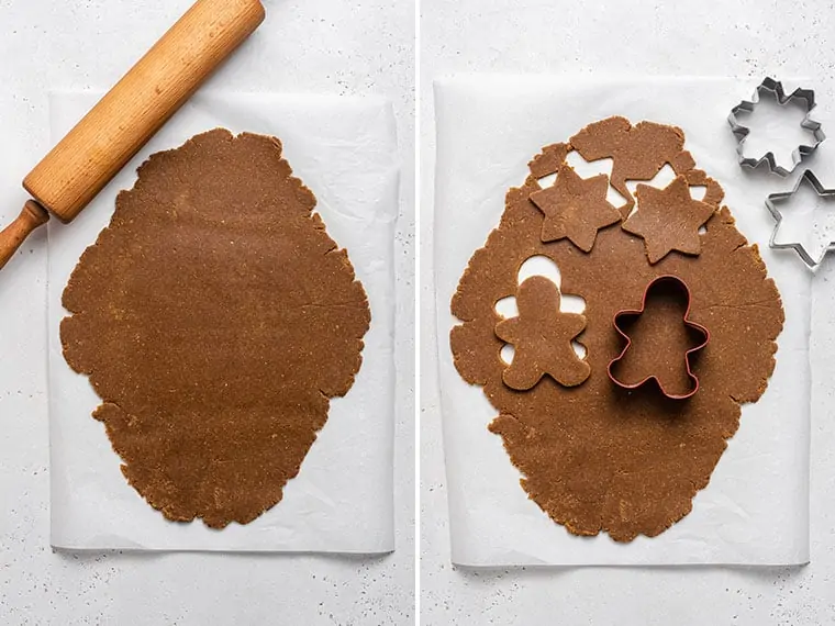 cutting gluten-free gingerbread cookie dough into men and stars