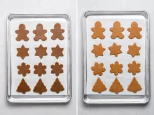 baking sheet of gingerbread cookies before and after cookign