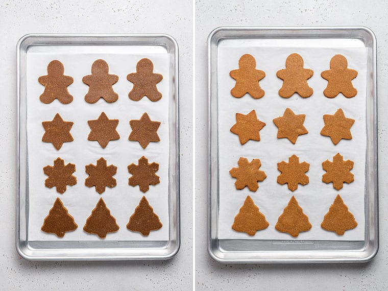 How to make vegan gingerbread cookies for the holidays! Bonus: they’re also gluten-free, which means you’ll have a treat everyone can enjoy. baking sheet of vegan gingerbread cookies before and after baking