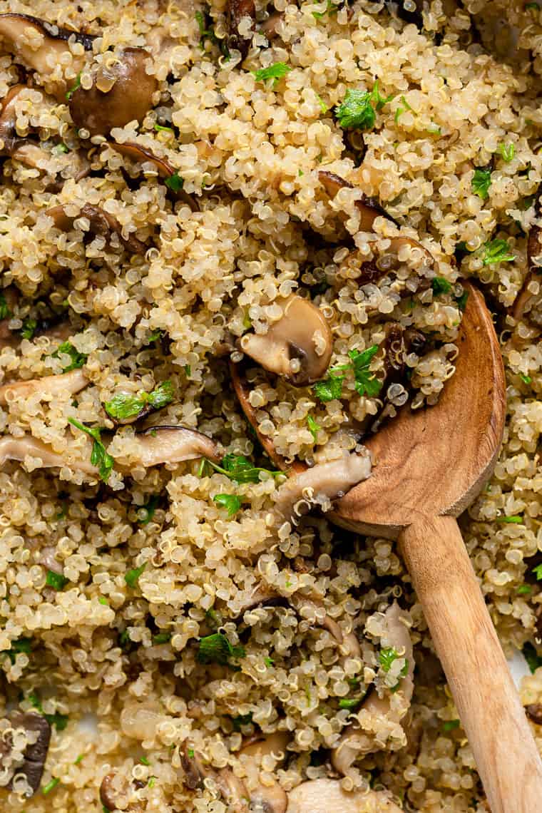 close up on mushroom herb quinoa with garlic