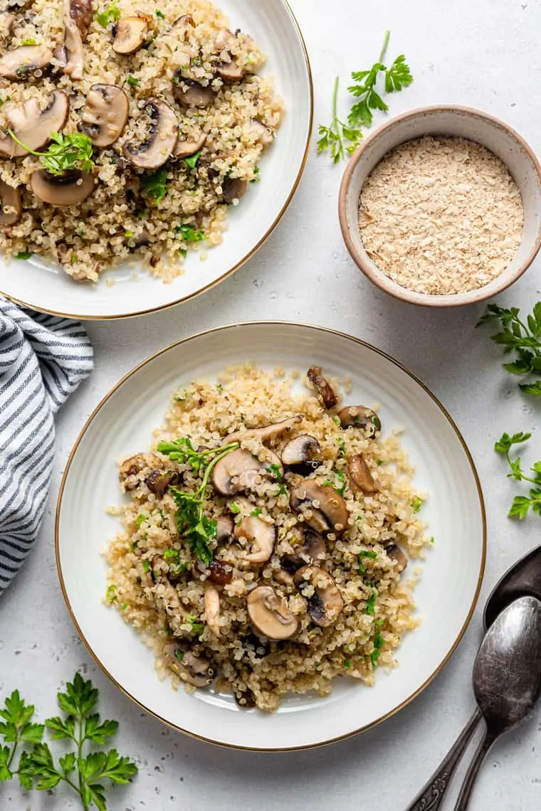 plate of mushroom herb quiona with garlic