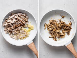 collage of skillet with mushrooms, garlic and shallots