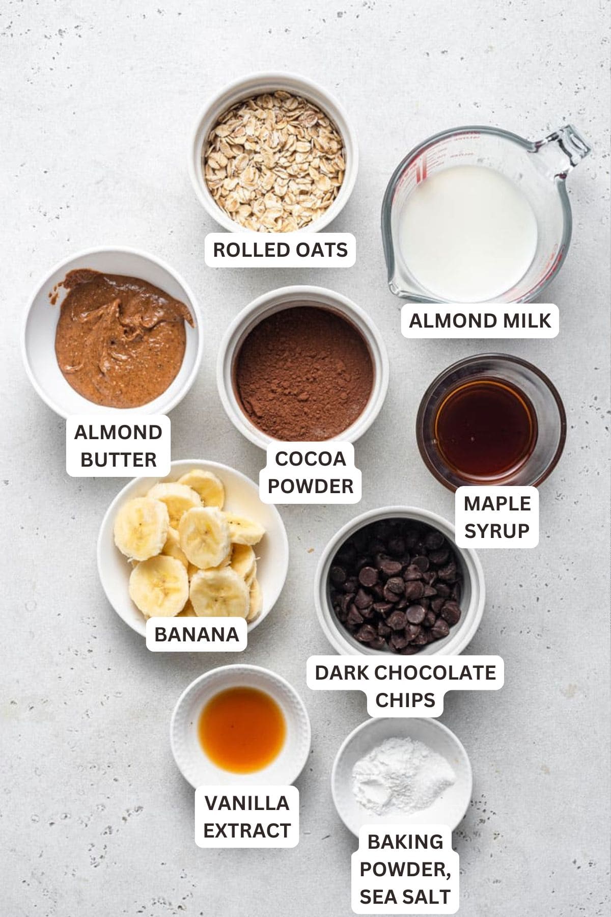 Vegan chocolate baked oatmeal is a quick, easy breakfast recipe that you can make in a blender! Fold the chocolate chips in after, and bake. Ingredients for Double Chocolate Blended Baked Oatmeal.