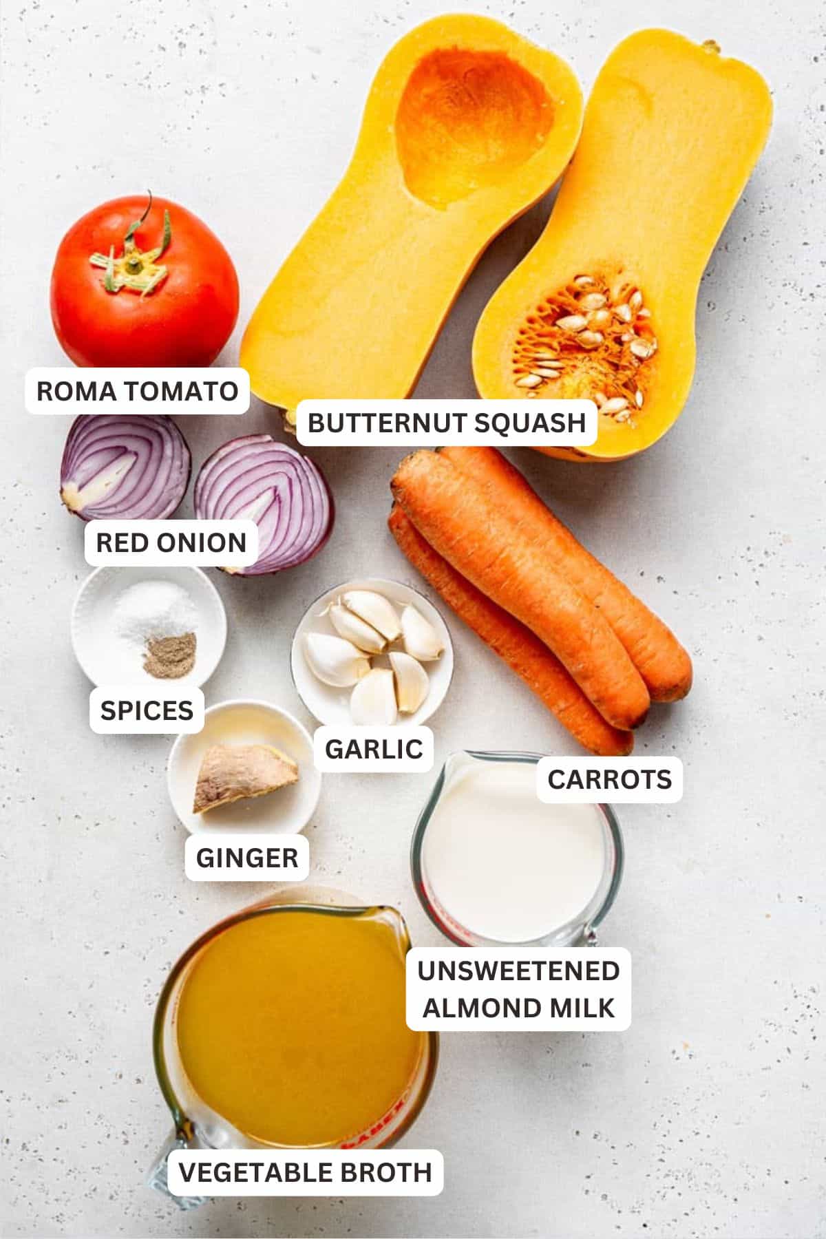 Ingredients for Roasted Vegan Butternut Squash Soup.