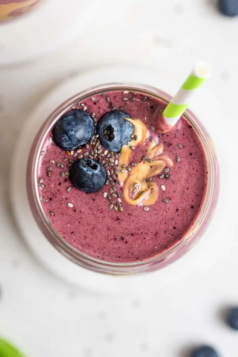 glass of peanut butter and jelly smoothie