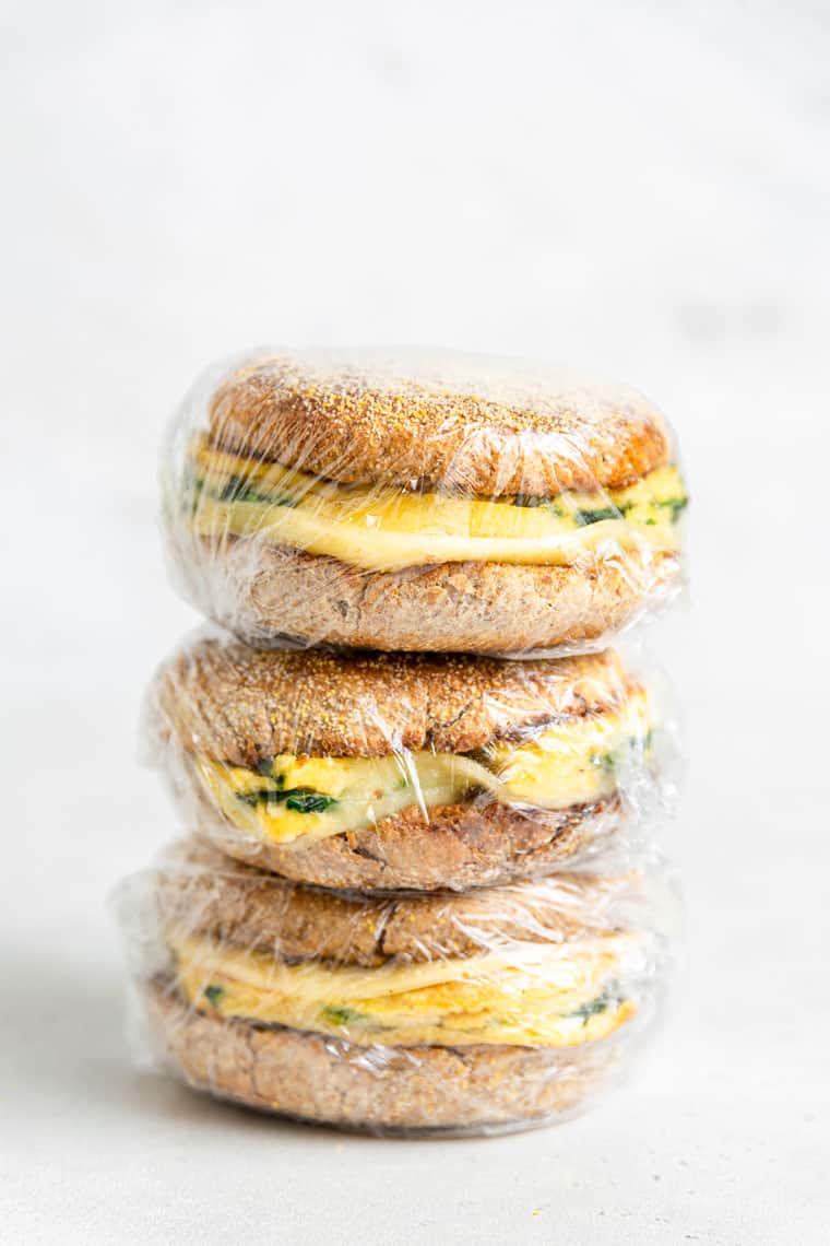 stack of wrapped breakfast sandwiches