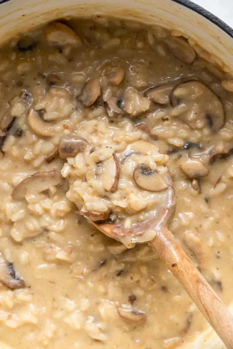 creamy mushroom risotto on a spoon