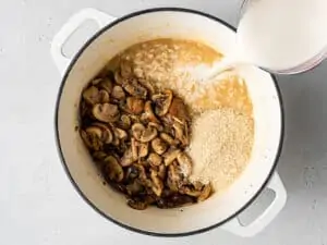 adding mushrooms and milk to vegan risotto