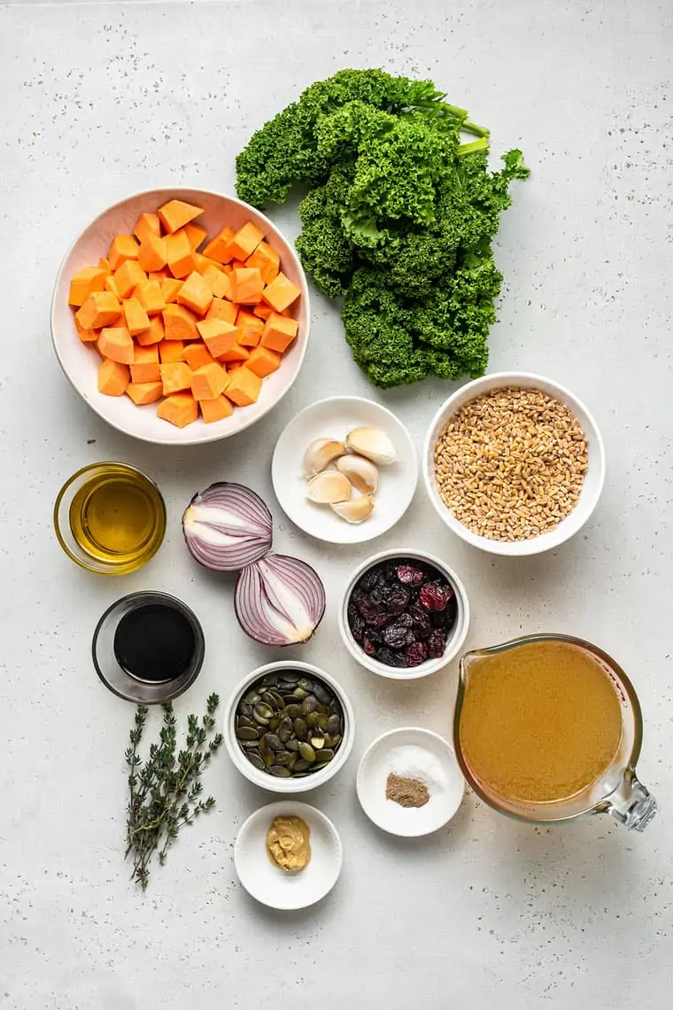 ingredients for salad with farro, squash, kale and onion