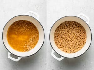 Side by side images of farro boiling in a pot.