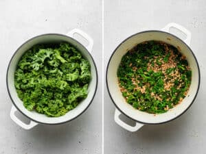 Side by side images of kale being steamed in a pot of farro grains.