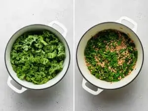 collage of steamed kale and farro