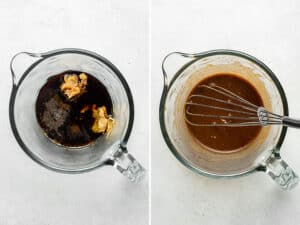 Side by side images of balsamic dressing being whisked together in a glass measuring cup.