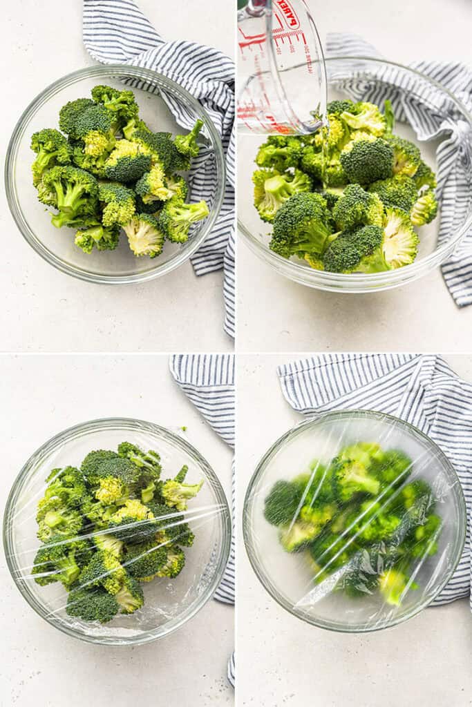 step by step collage of how to cook broccoli in the microwave