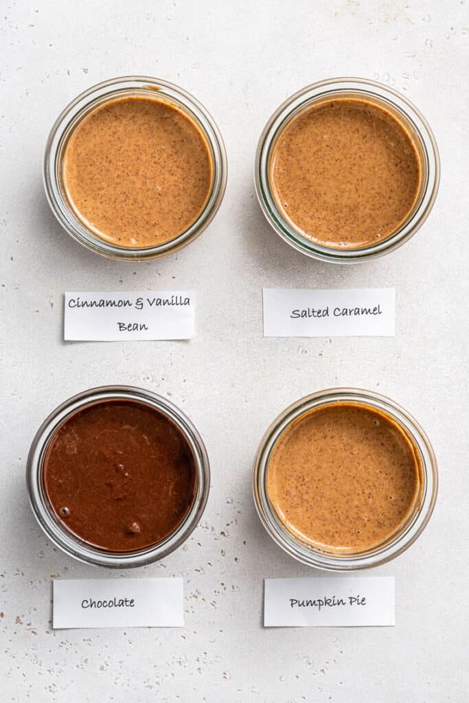 different flavors of almond butter in glass jars