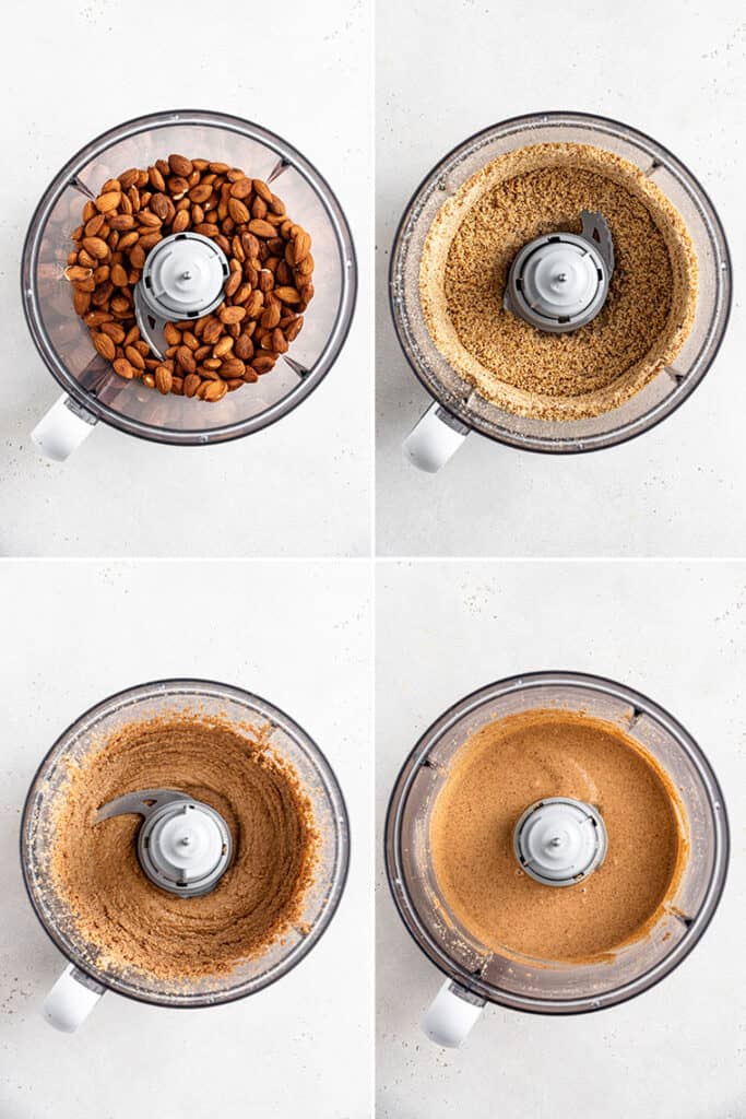 collage of a food processor with almonds becoming almond butter