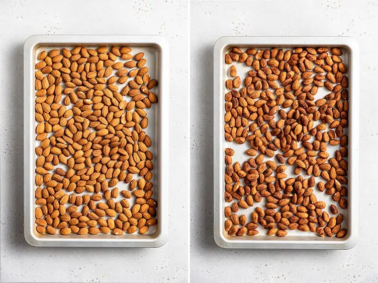 baking sheets of untoasted and toasted almonds