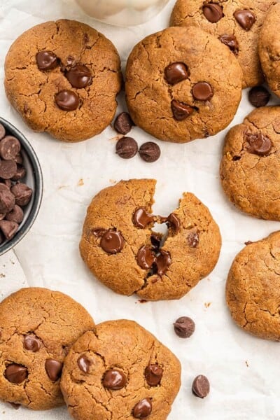 overhead of chocolate chip cookies on parchment papper