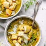 bowl of split pea soup with croutons